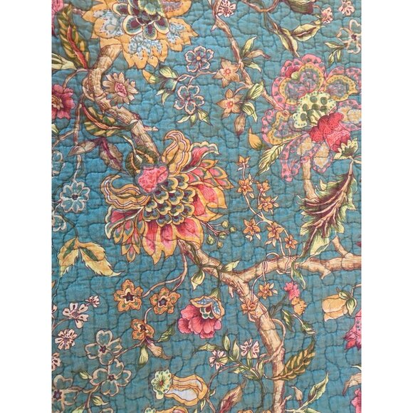 Quilted King Size Bedspread Reversible Floral & Striped Bright Teal Yellow and P - Picture 2 of 6